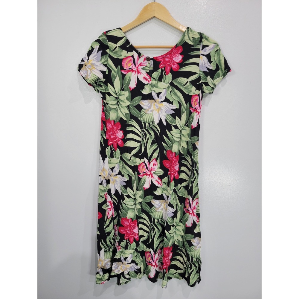 Hibiscus Collection Hawaii Womens Small Tropical Floral Rayon Shift Dress Black - Picture 4 of 7